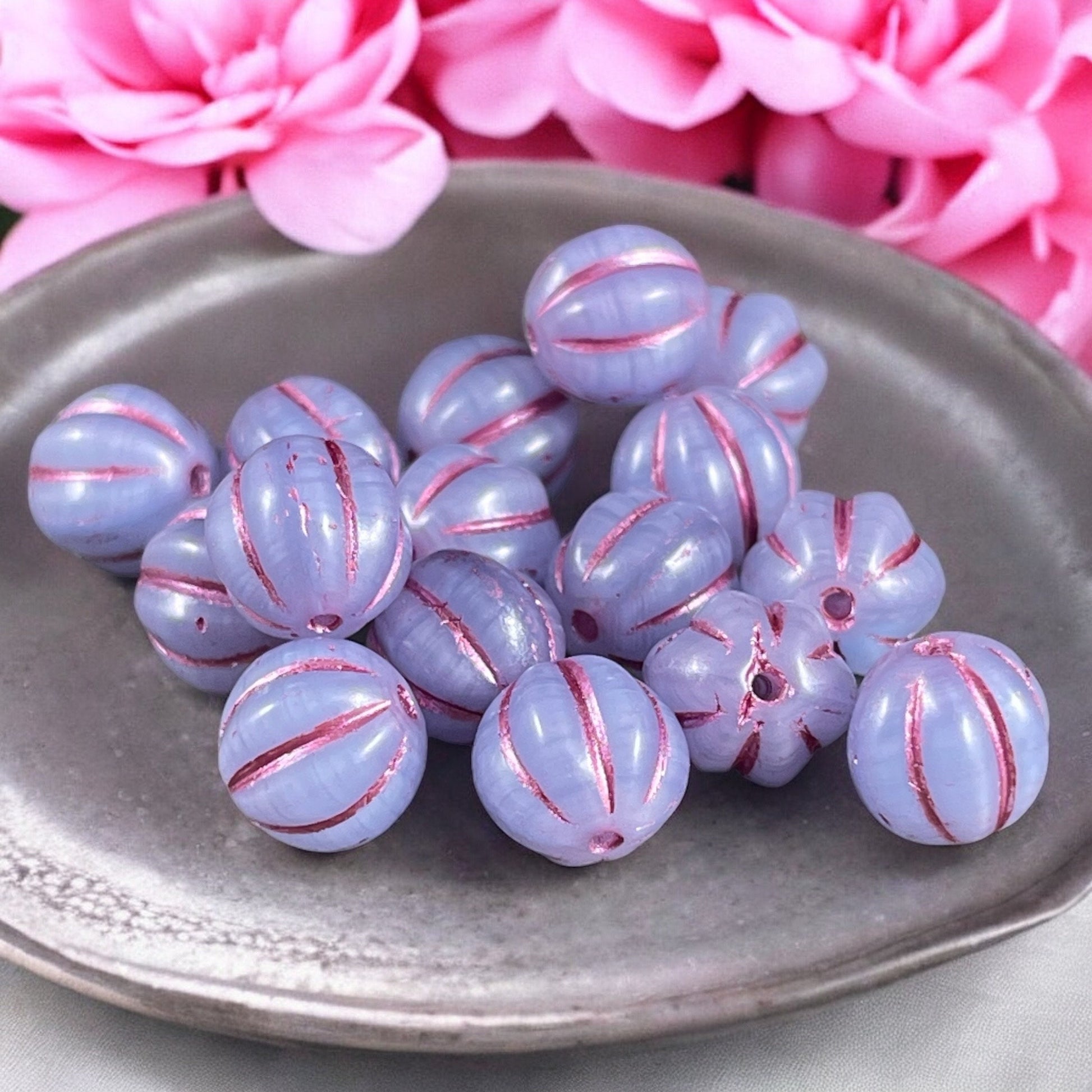 8mm Czech Glass Beads, Opaque Lavender with Pink Wash Glass Beads, Melon Beads (ML8/72) * Qty. 15