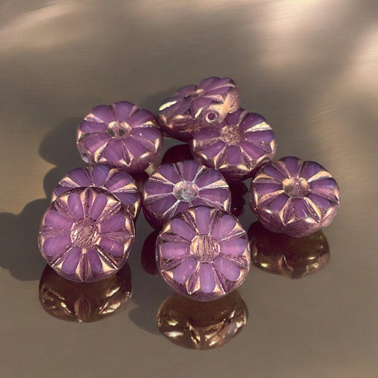 Magenta Opal Sunflower Coin Bead with Bronze Wash Finish, 12mm Plum Purple Flower Czech Glass Beads (TCF-51) * Qty. 8