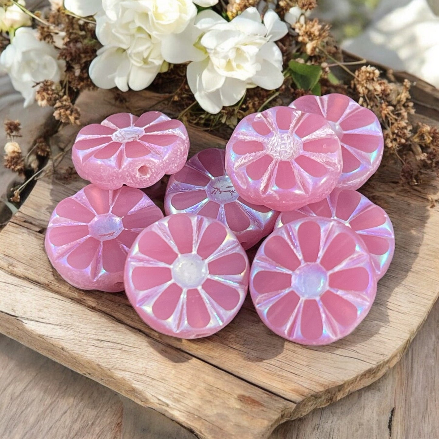 Cotton Candy Pink Opal Sunflower Coin Bead with White AB Finish, 12mm Opaque Light Pink Flower Czech Glass Beads (TCF-52) * Qty. 8