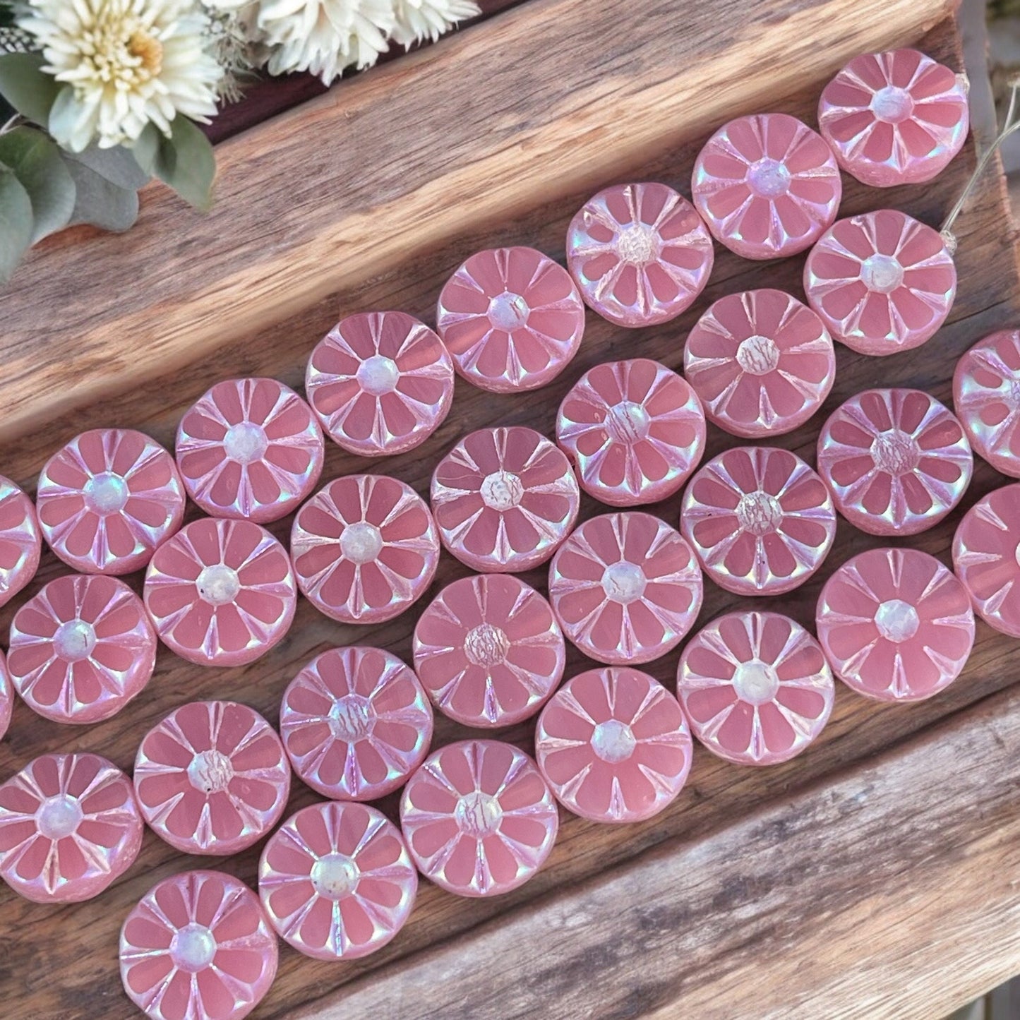 Cotton Candy Pink Opal Sunflower Coin Bead with White AB Finish, 12mm Opaque Light Pink Flower Czech Glass Beads (TCF-52) * Qty. 8