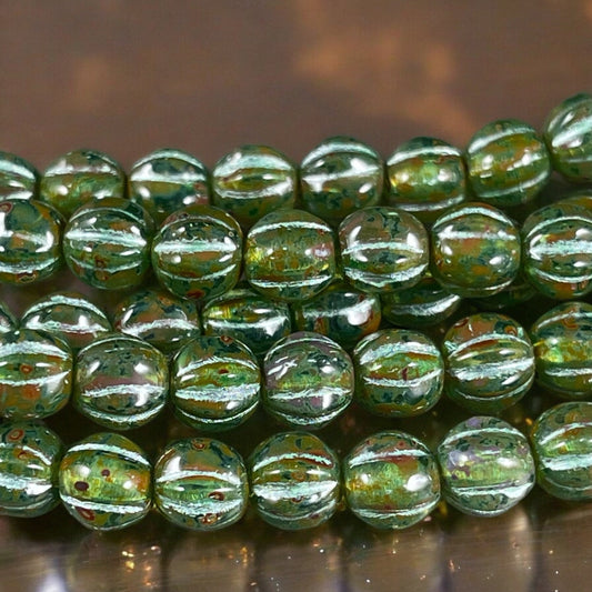 6mm Czech Glass Melon Bead, Aqua Green with Travertine Picasso and Green Wash (ML6/62) * Qty. 25