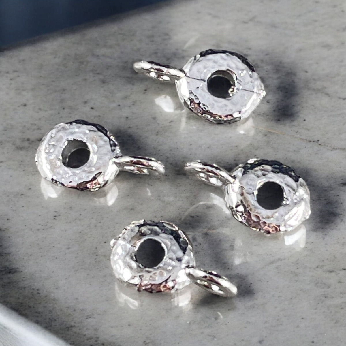 TierraCast Bail, Silver Hammered Rondelle Bead with Loop, White Bronze Plated (PF/892-28) * Qty. 4