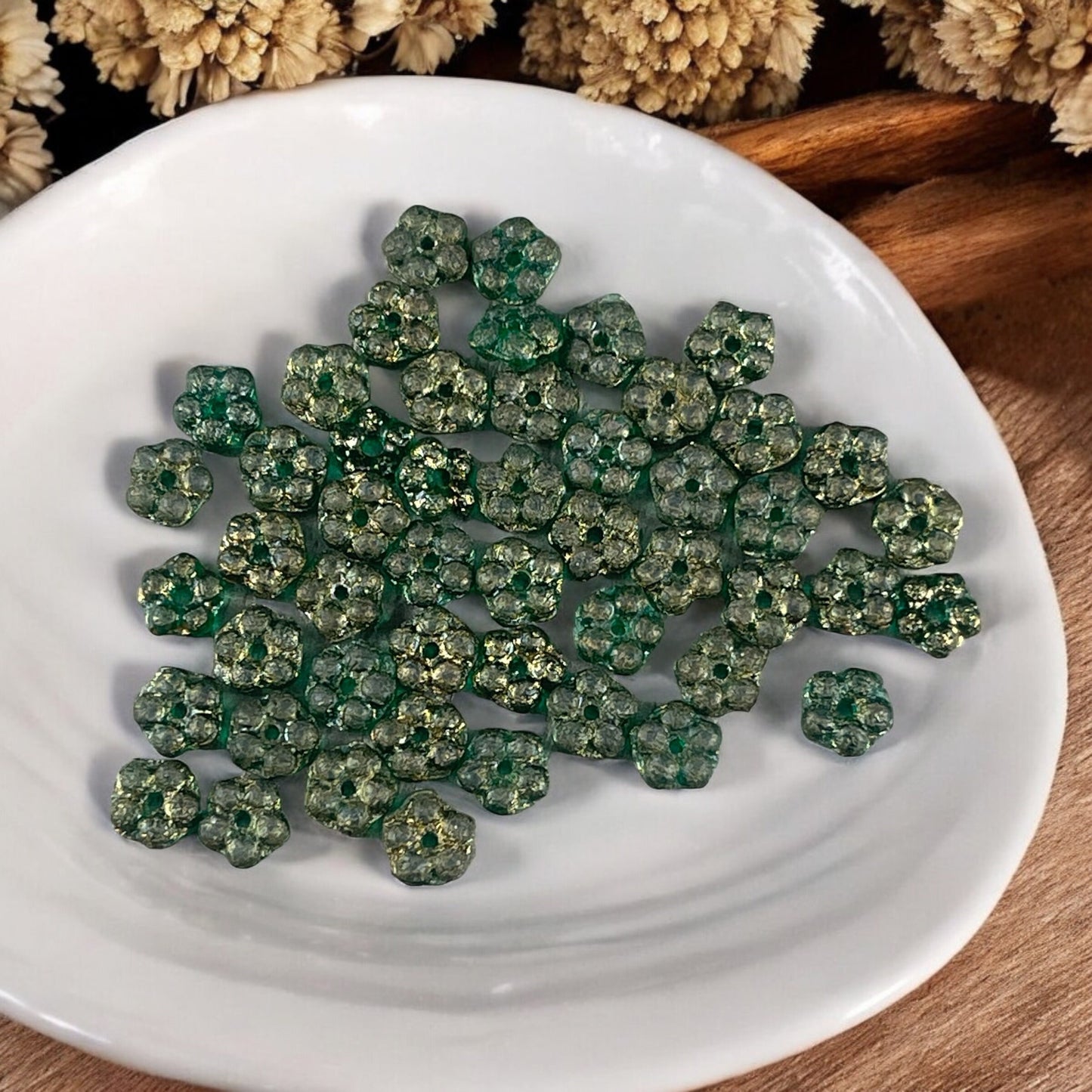 Czech Glass Beads, Forest Green Glass Spacer - 5mm Flower Spacer Beads, Dark Green Etched Glass Spacer (FMN/N-0218) * Qty. 50