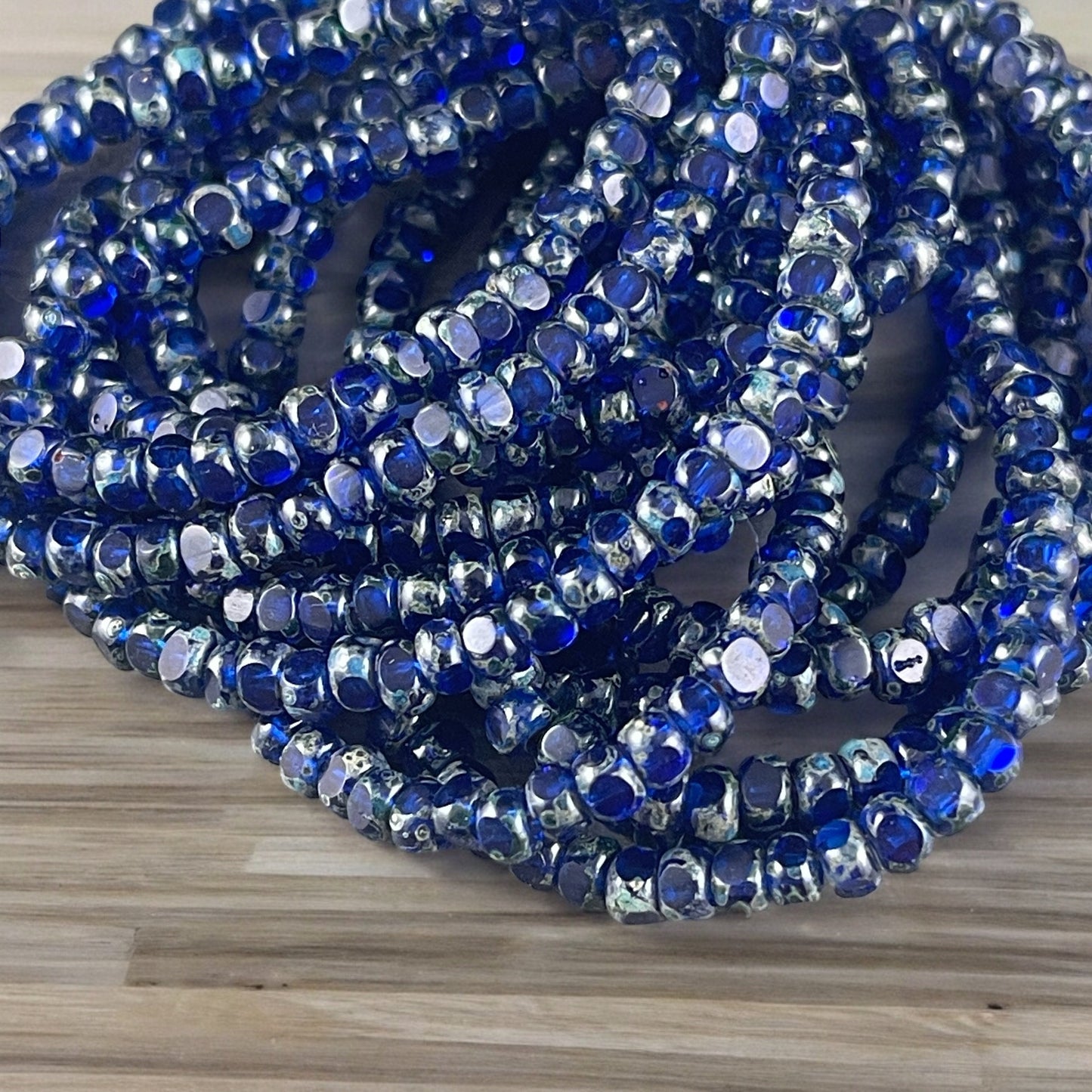 Cobalt Blue Czech Glass Beads, 4x3mm Faceted Seed Beads, Transparent Dark Blue with Picasso Finish (TRICA/RJ-2780) * Qty. 50