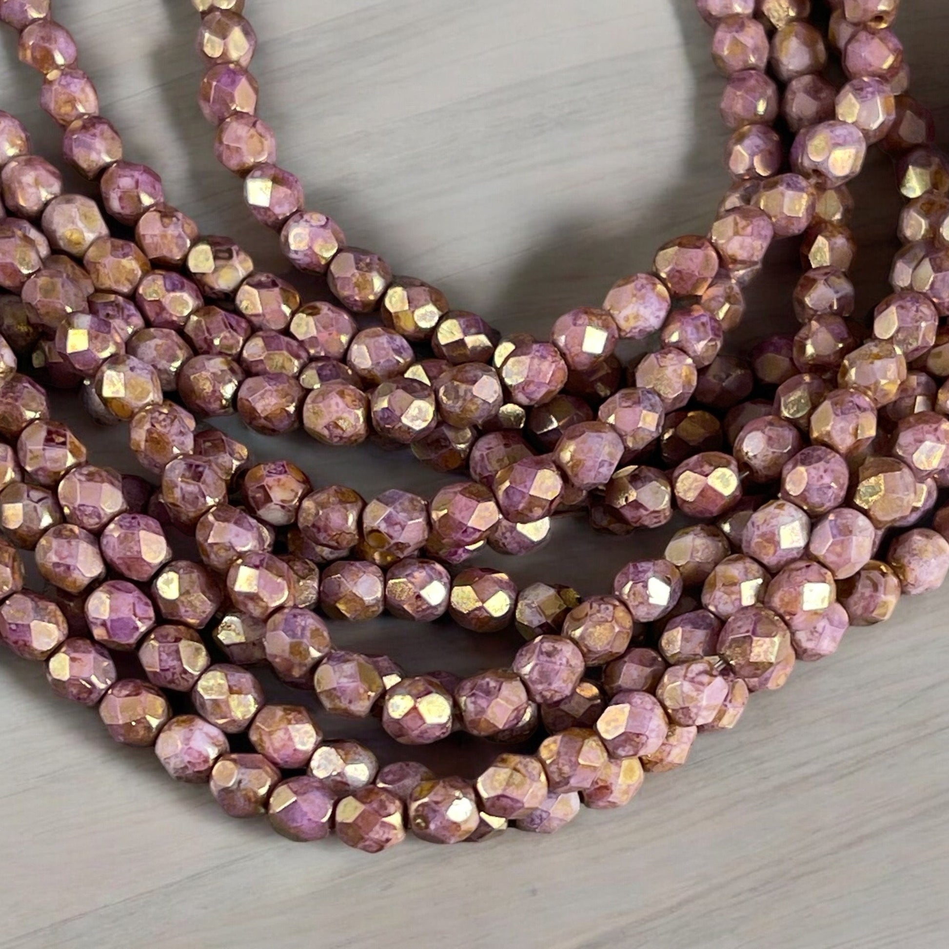 Czech Glass Beads - 4mm Faceted Round Beads, Pink and Brown Picasso Beads, Smoky Rose Gold Picasso (FP4/SM-P15695.2) * Qty 50