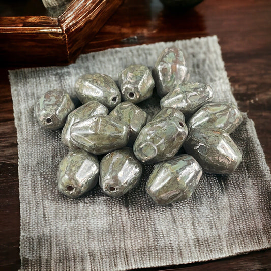Czech Glass Beads - 10x8mm Olive Green Bicone, Olive Green Picasso Beads with Rembrandt Finish (BICON-12) * Qty. 10