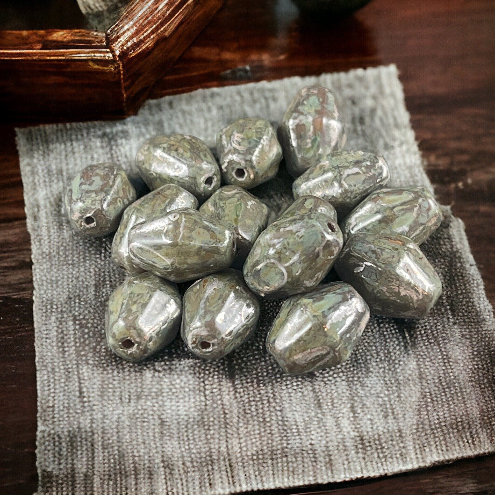 Czech Glass Beads - 10x8mm Olive Green Bicone, Olive Green Picasso Beads with Rembrandt Finish (BICON-12) * Qty. 10
