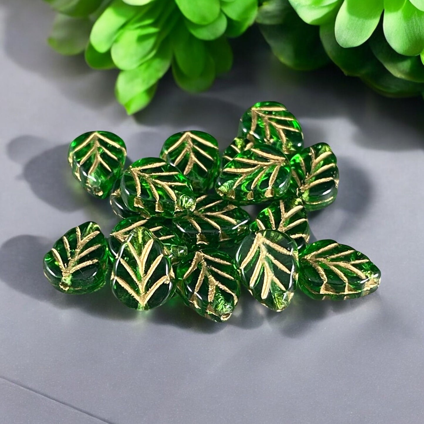 Emerald Green Leaf with Gold Wash, Mint Leaf Czech Glass Beads, 10x8mm Center Drilled, Transparent Green Leaf Bead (Mint24) * Qty. 16