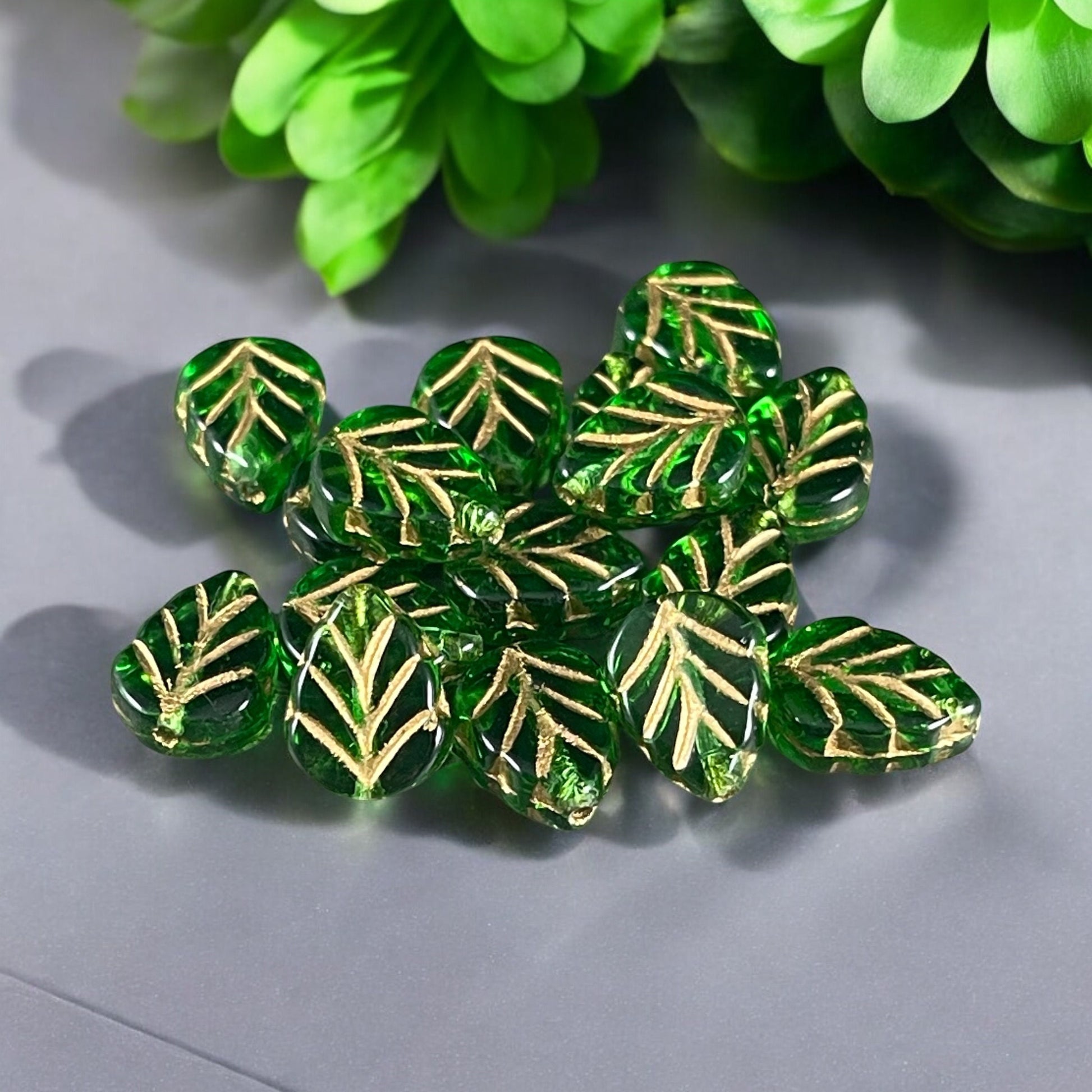 Emerald Green Leaf with Gold Wash, Mint Leaf Czech Glass Beads, 10x8mm Center Drilled, Transparent Green Leaf Bead (Mint24) * Qty. 16