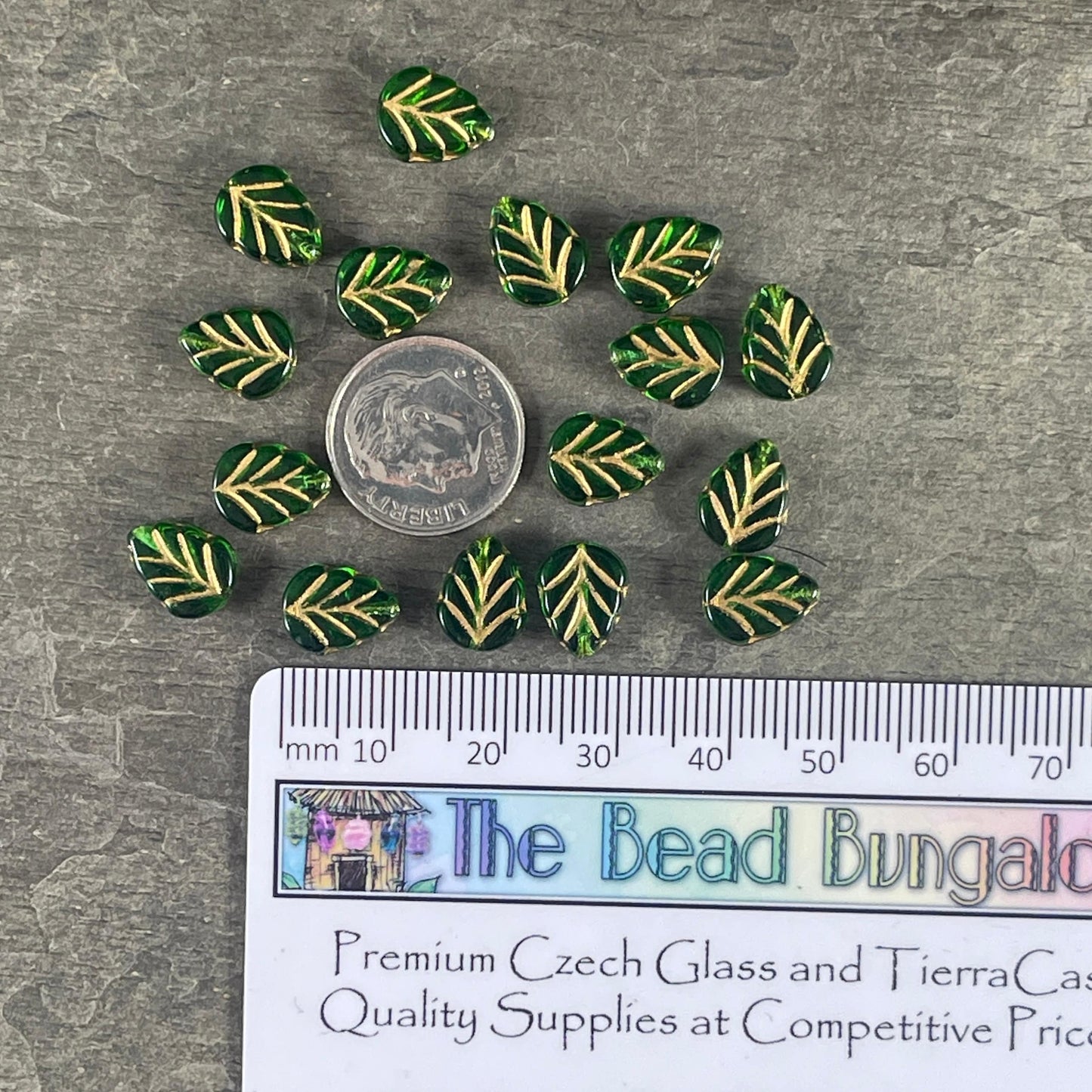 Czech Glass Beads - Emerald Green Leaf with Gold Wash, Mint Leaf, 10x8mm Center Drilled, Transparent Green Leaf Bead (Mint24) * Qty. 16