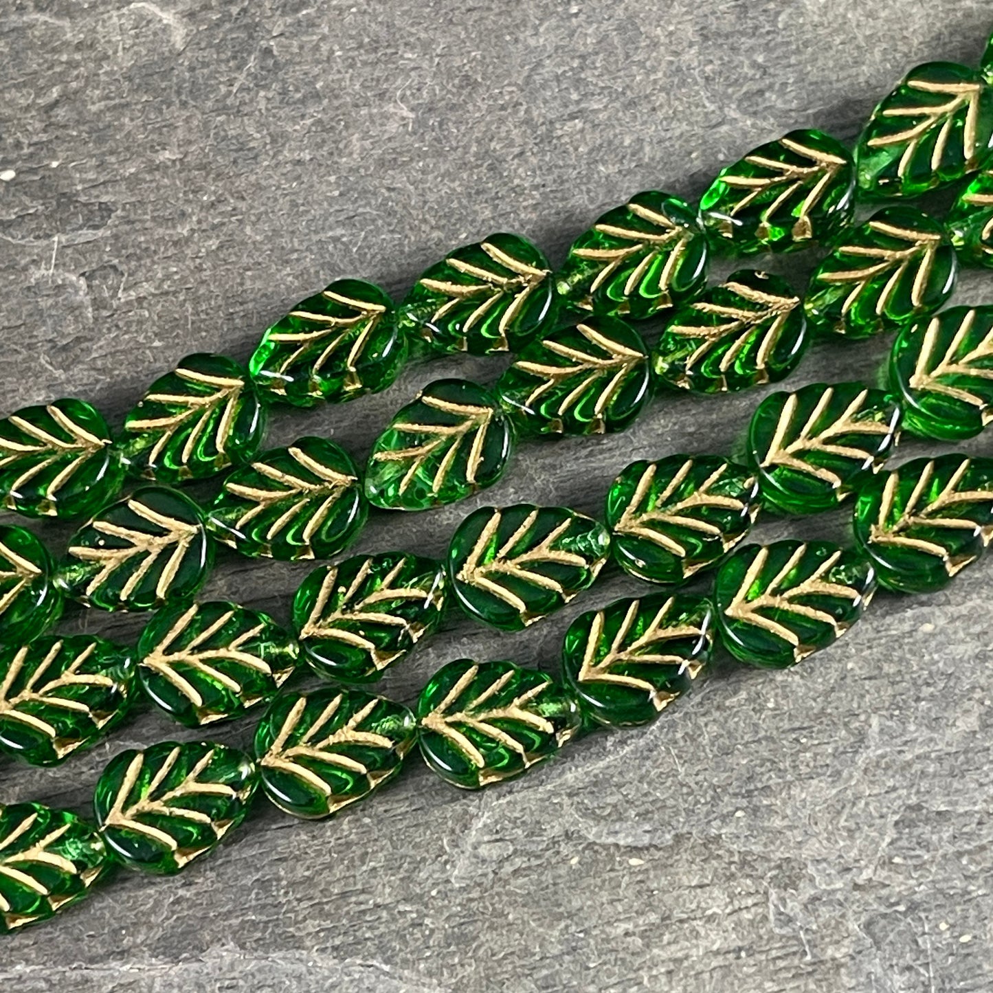 Czech Glass Beads - Emerald Green Leaf with Gold Wash, Mint Leaf, 10x8mm Center Drilled, Transparent Green Leaf Bead (Mint24) * Qty. 16