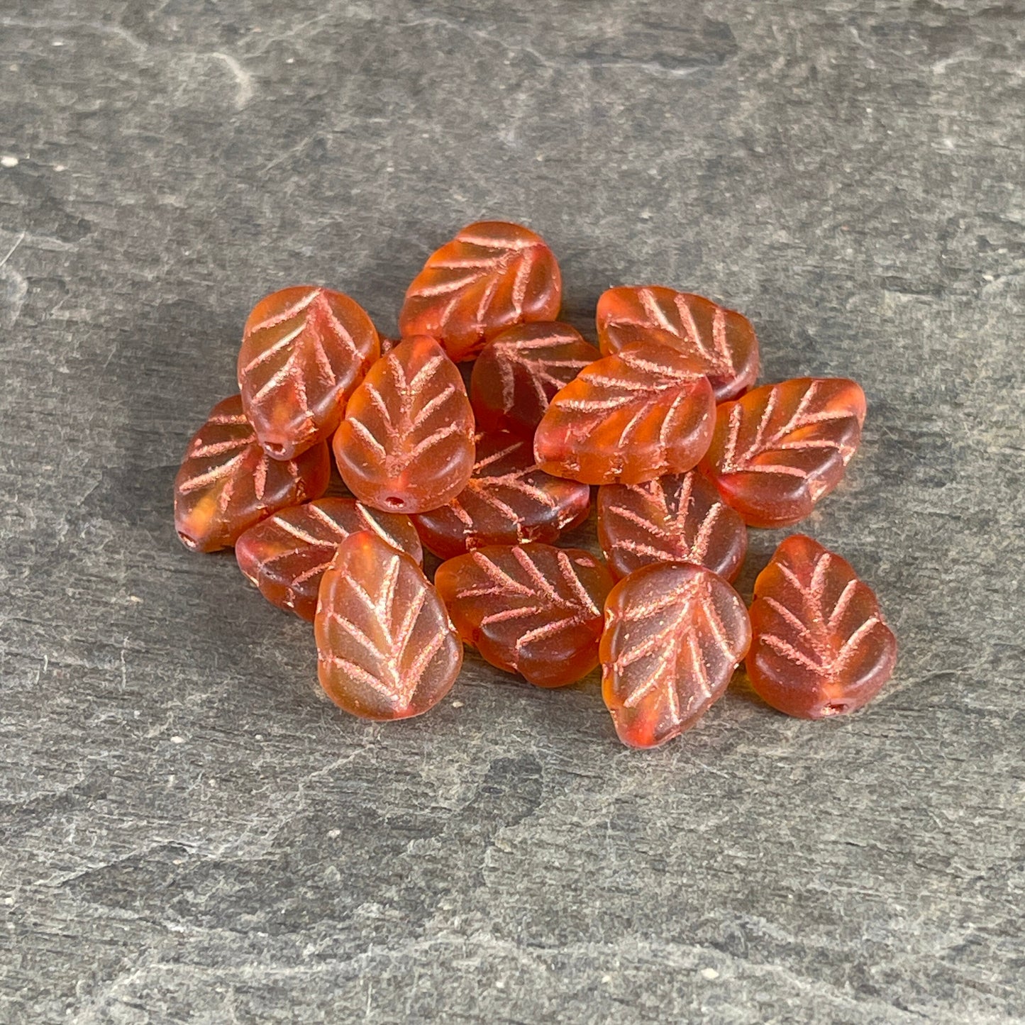 Matte Orange Glass Leaf with Copper Wash, Mint Leaf Czech Glass Beads, 10x8mm Center Drilled Orange Leaf Bead (Mint22) * Qty. 16