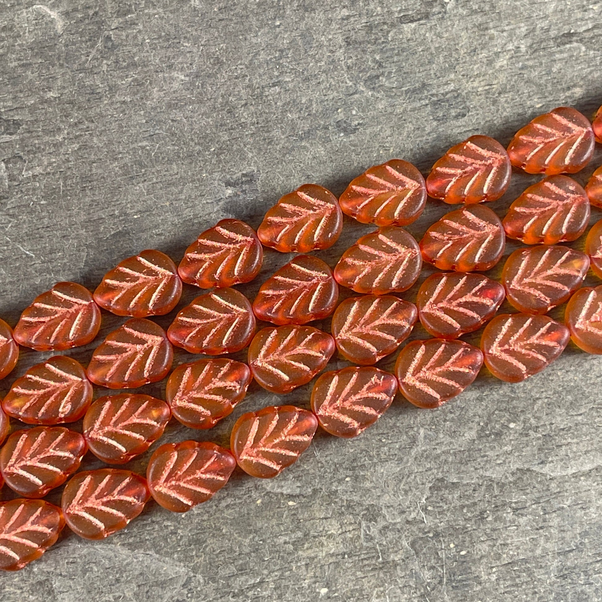 Matte Orange Glass Leaf with Copper Wash, Mint Leaf Czech Glass Beads, 10x8mm Center Drilled Orange Leaf Bead (Mint22) * Qty. 16