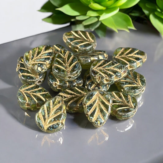 Peridot Green Leaf with Picasso and Gold Wash, Mint Leaf Czech Glass Beads, 10x8mm Center Drilled Green Leaf Bead (Mint23) * Qty. 16