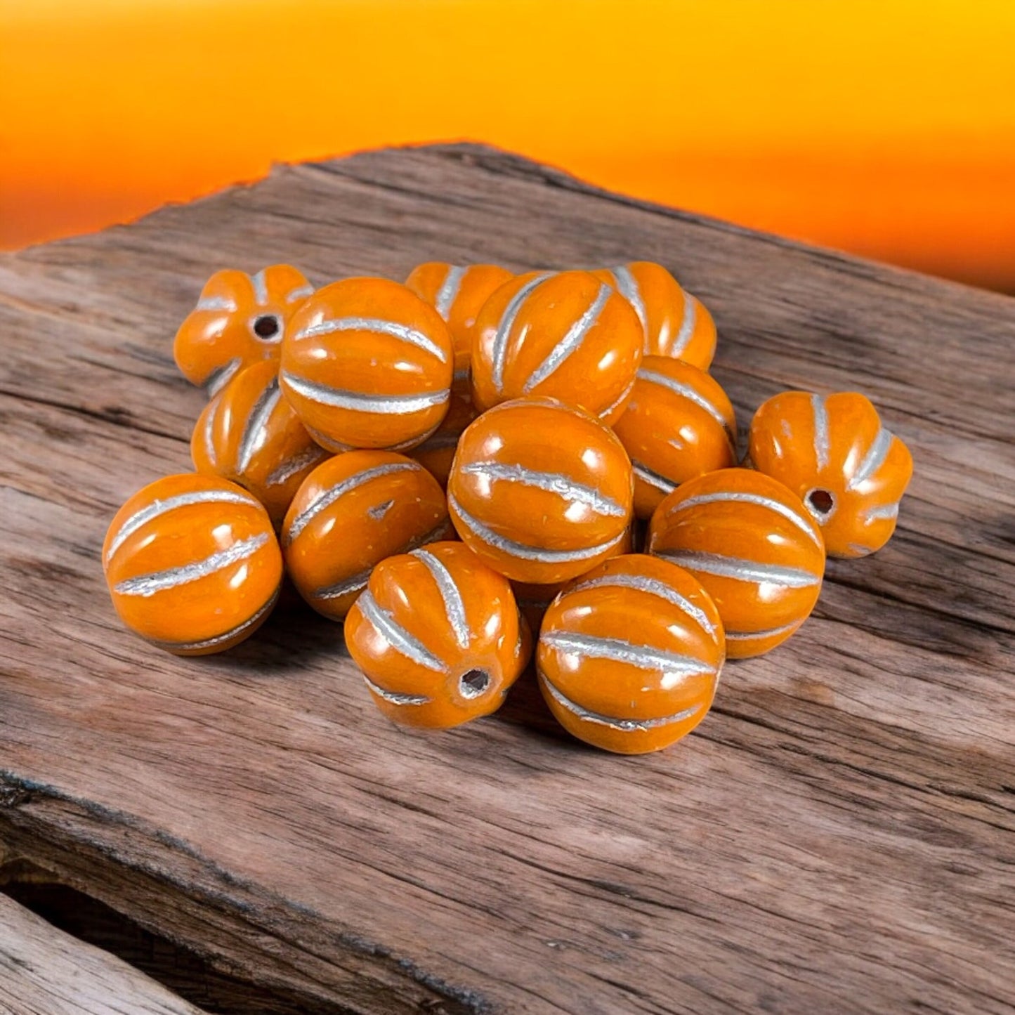 8mm Czech Glass Beads, Opaque Classic Orange with Silver Wash Glass Beads, Melon Beads (ML8/76) * Qty. 15