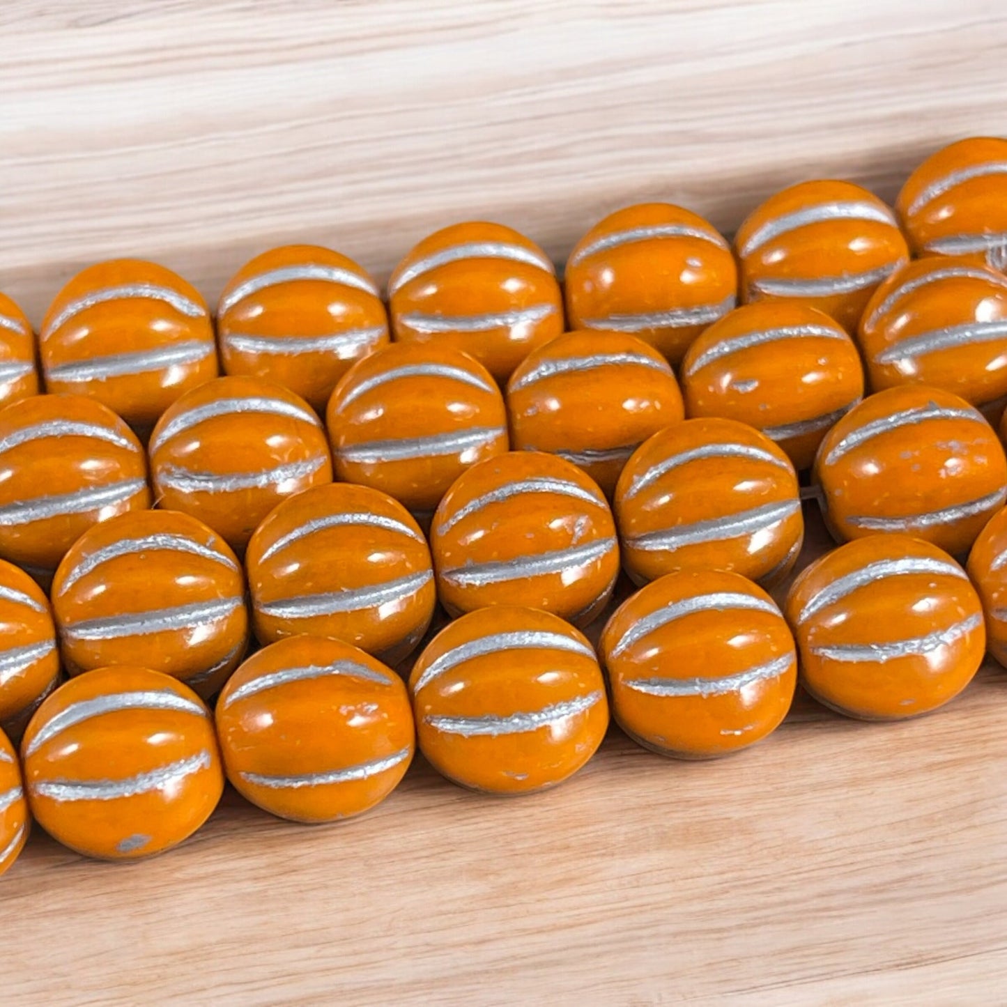 8mm Czech Glass Beads, Opaque Classic Orange with Silver Wash Glass Beads, Melon Beads (ML8/76) * Qty. 15