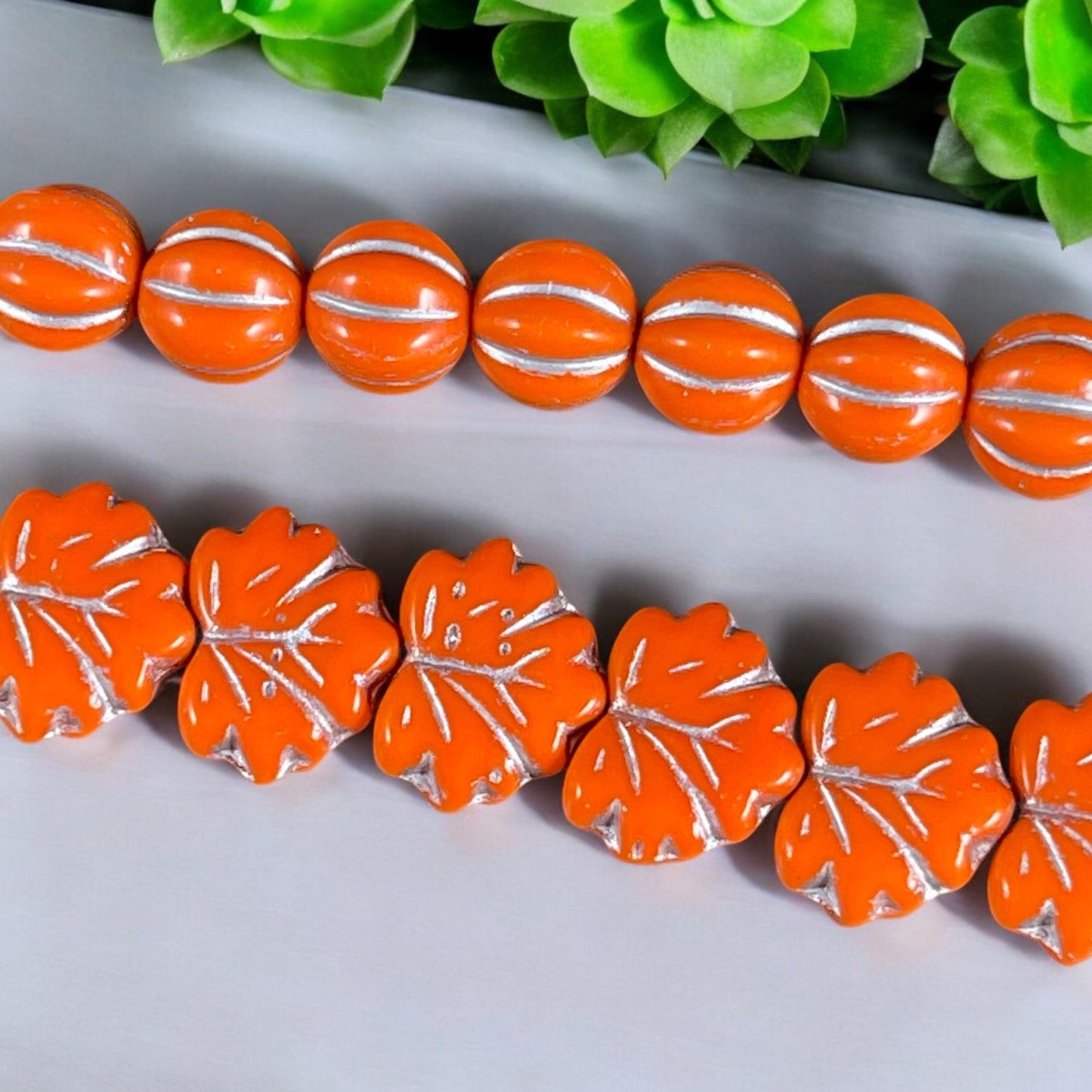 Czech Glass Beads - 11x13mm Maple Leaf Beads, Orange and Silver Leaf Beads (ML58) * Qty. 12