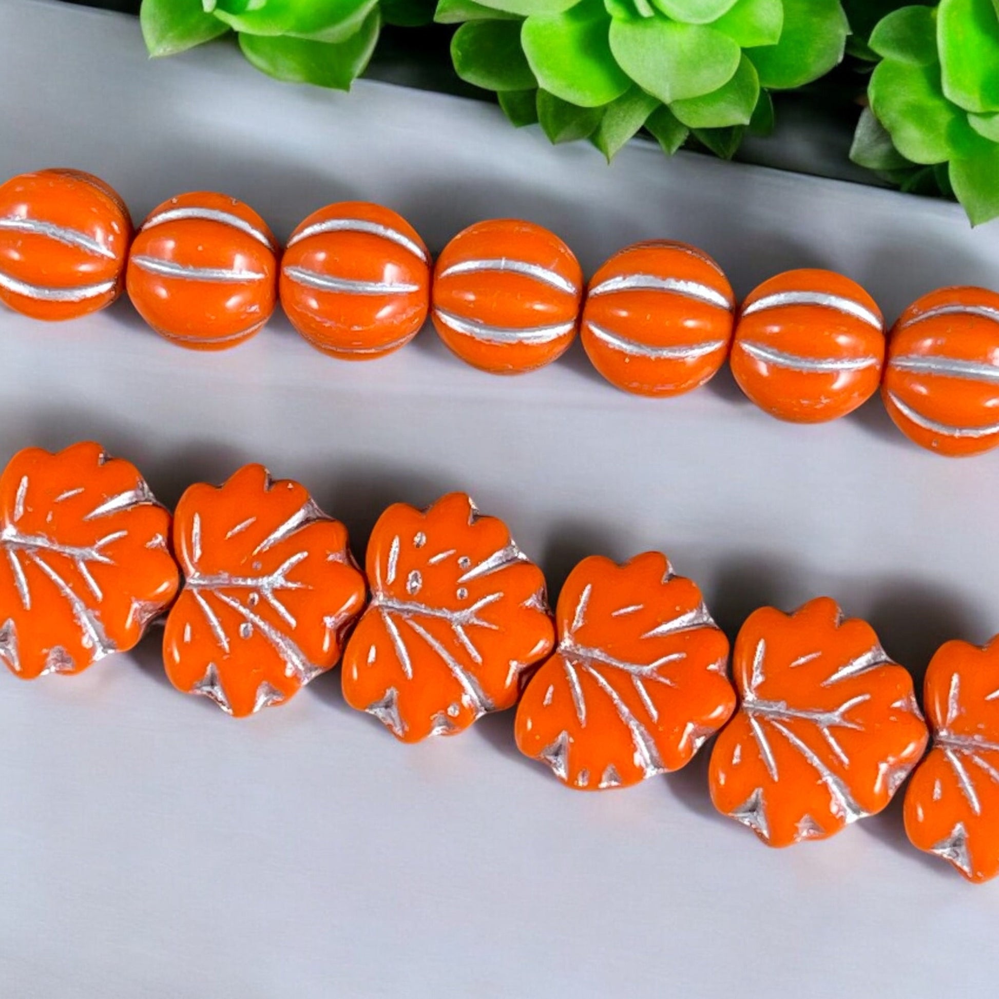 Czech Glass Beads - 11x13mm Maple Leaf Beads, Orange and Silver Leaf Beads (ML58) * Qty. 12