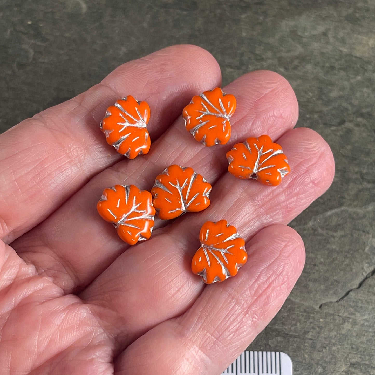 Opaque Orange Maple Leaf Beads, 11x13mm Orange and Silver Leaf Beads, Czech Glass Beads (ML58) * Qty. 12