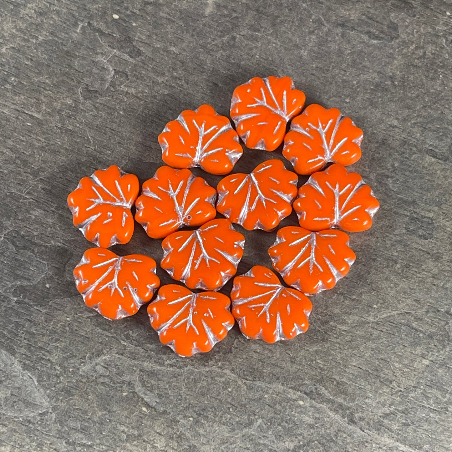 Opaque Orange Maple Leaf Beads, 11x13mm Orange and Silver Leaf Beads, Czech Glass Beads (ML58) * Qty. 12