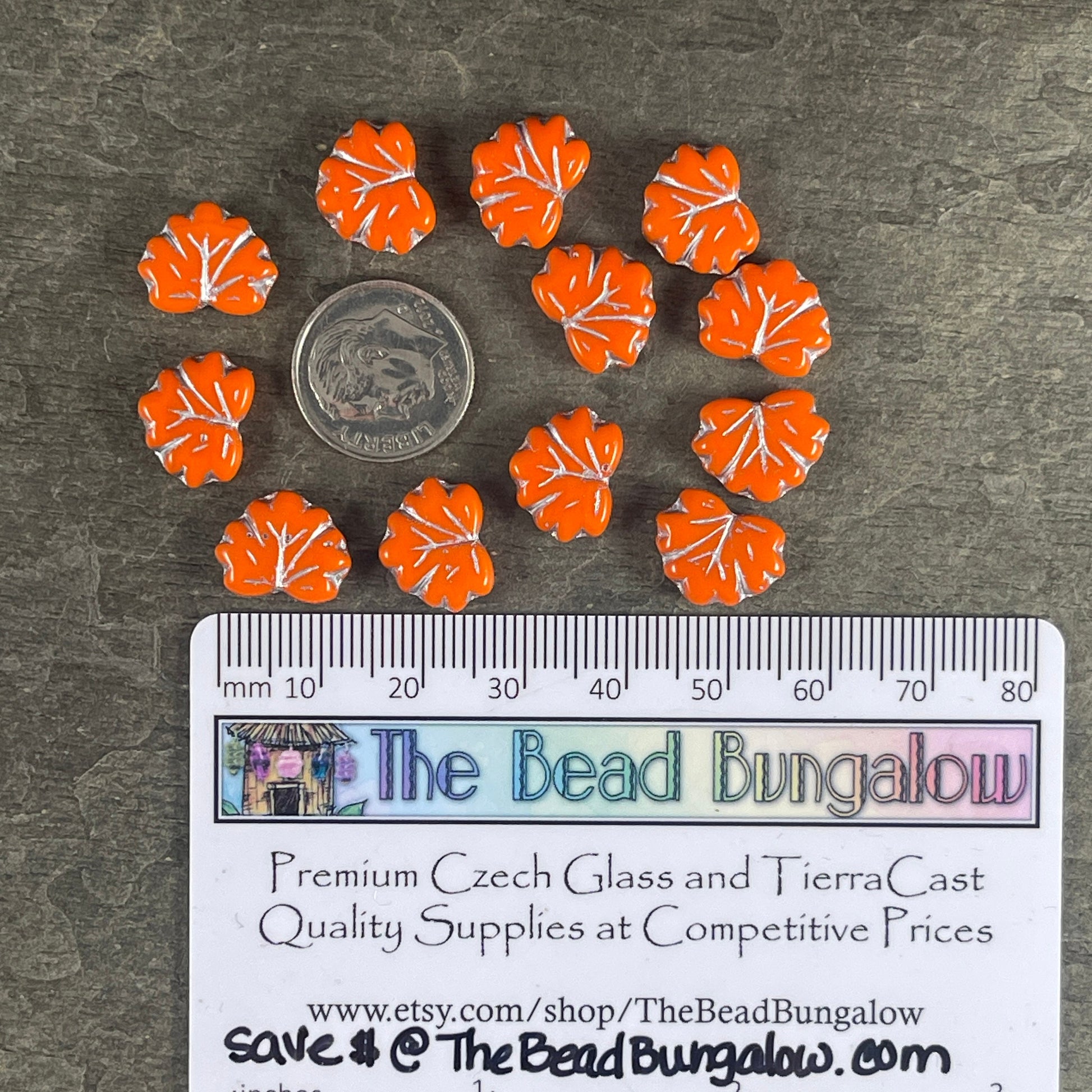 Opaque Orange Maple Leaf Beads, 11x13mm Orange and Silver Leaf Beads, Czech Glass Beads (ML58) * Qty. 12