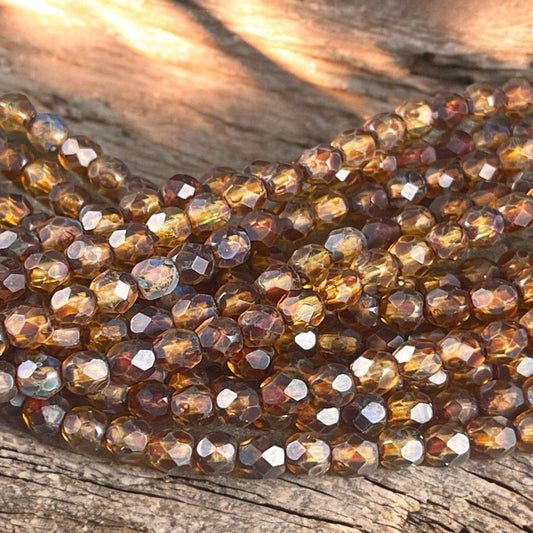 Matte Brown Picasso Beads, 4mm Czech Glass Faceted Beads - Crystal with Full Picasso and Matte Finish (FP4/SM-TM0003) * Qty. 50