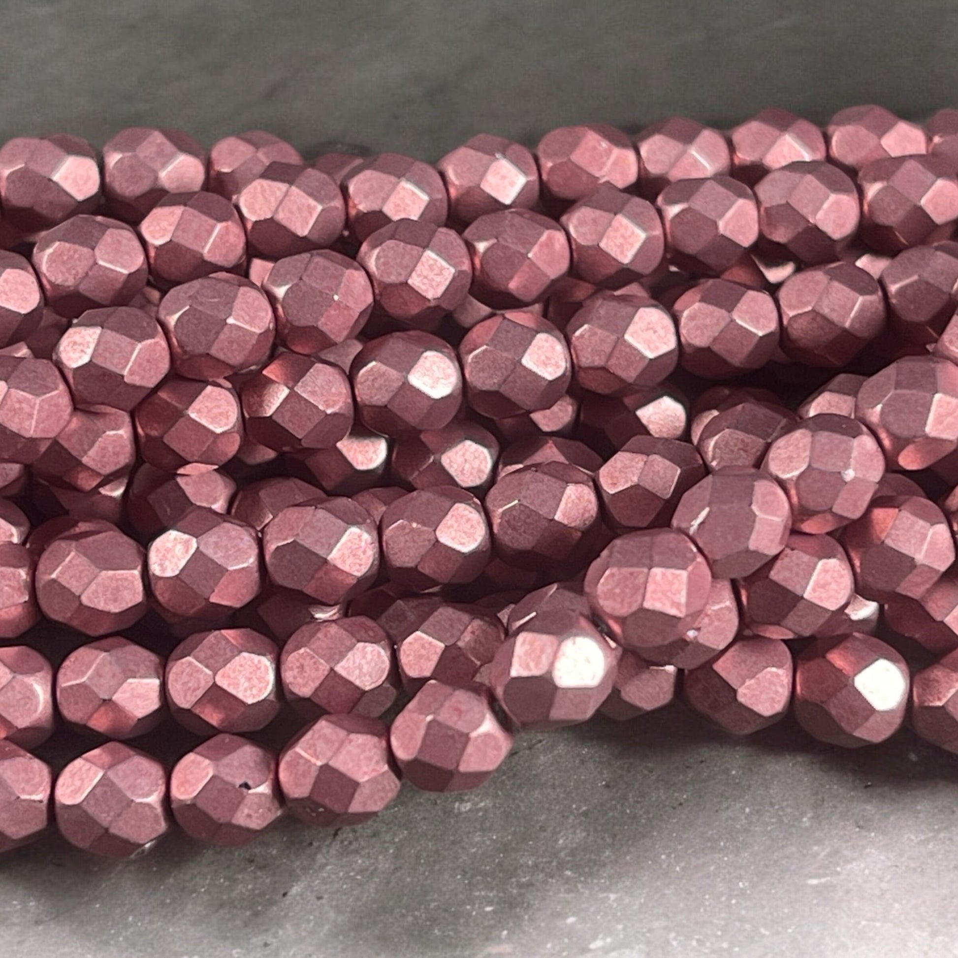 Czech Glass Beads 6mm Pink Metallic Fire Polished Beads 6mm Faceted Round Beads - Light Rose Gold Metallic Beads (FP6/SM-05A07) * Qty. 25