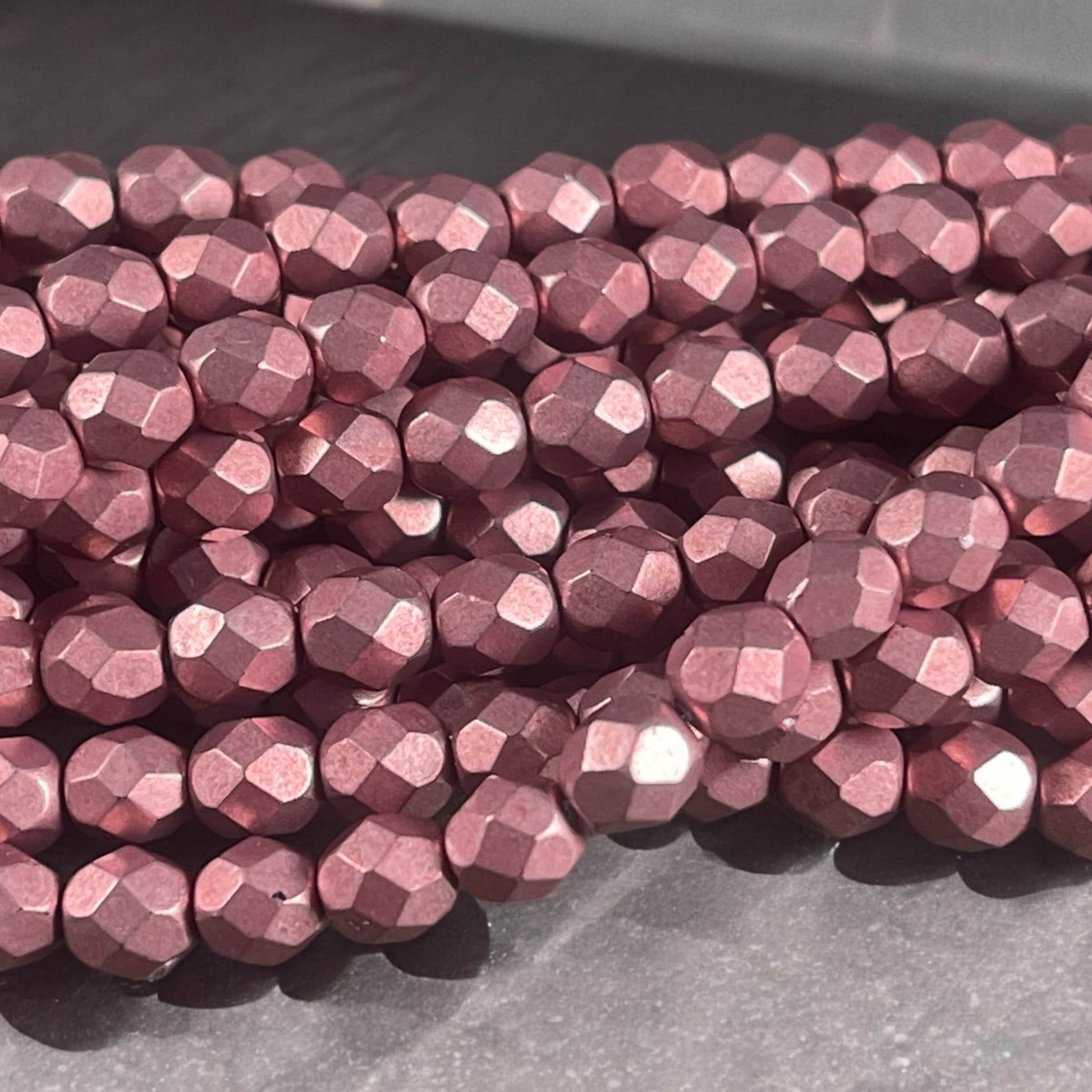 Czech Glass Beads 6mm Pink Metallic Fire Polished Beads 6mm Faceted Round Beads - Light Rose Gold Metallic Beads (FP6/SM-05A07) * Qty. 25