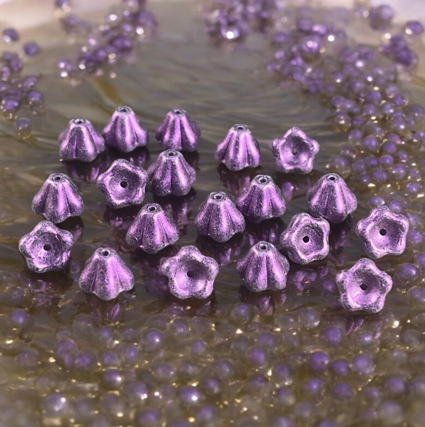 Metallic Lavender Czech Glass Bell Flower, 8x6mm Purple Flower with Opalescent Finish (BF/SM-S14C2051) *