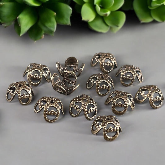 8mm Oxidized Brass Victorian Style Filigree Bead Caps, Bendable Copper Bead Caps (VJS/S23) * Qty. 24