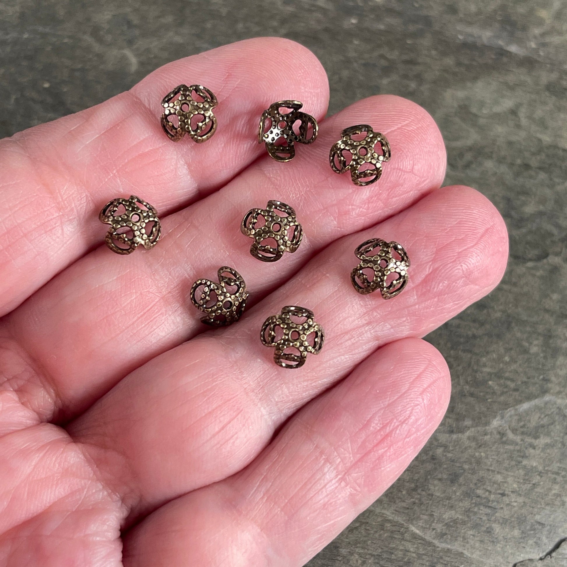 8mm Oxidized Brass Victorian Style Filigree Bead Caps, Bendable Copper Bead Caps (VJS/S23) * Qty. 24