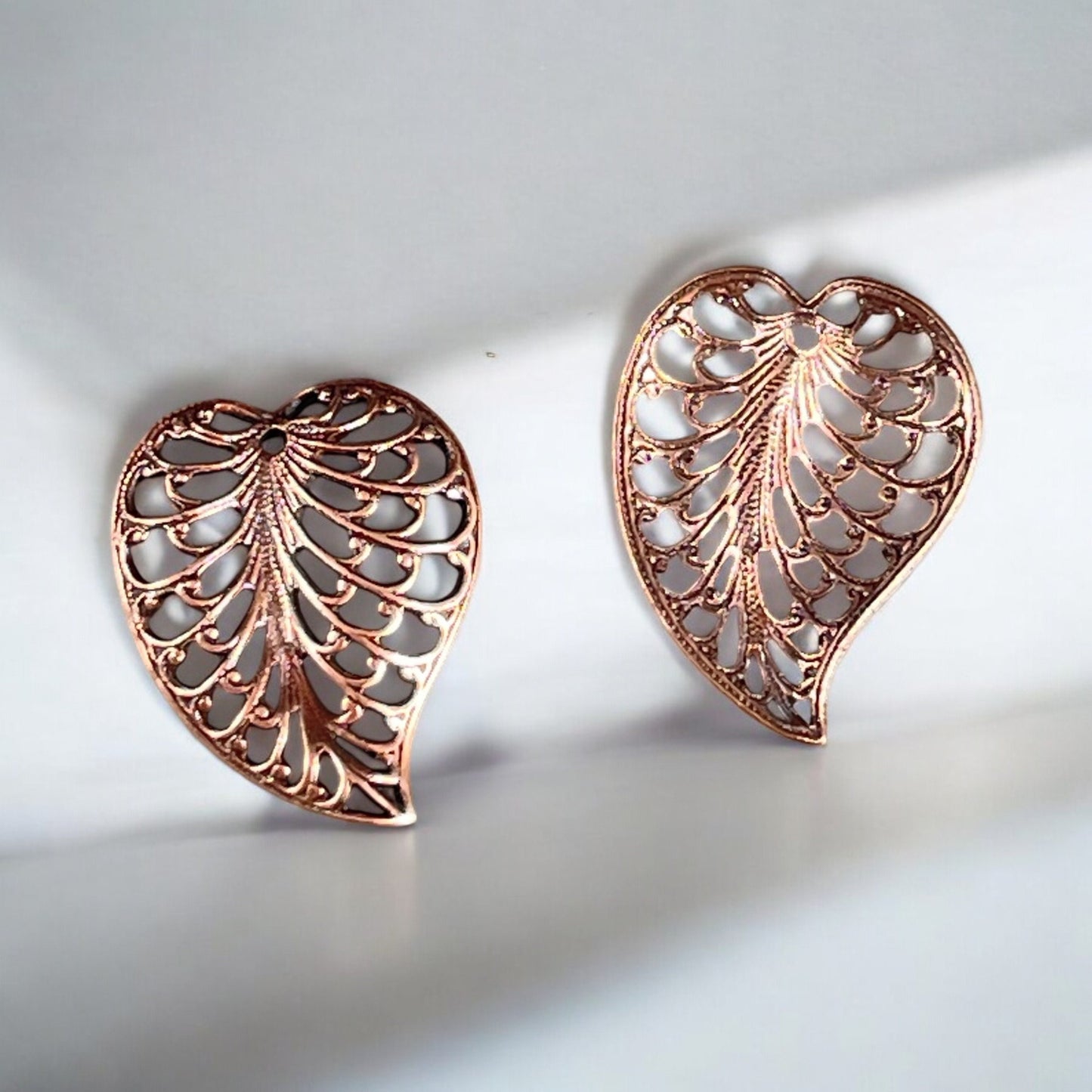 Antiqued Copper Filigree Leaf, 19x15mm Open Stamping Charms for Earrings, Delicate Heart Shaped Leaf Charms (VJS/359a) * Qty. 2