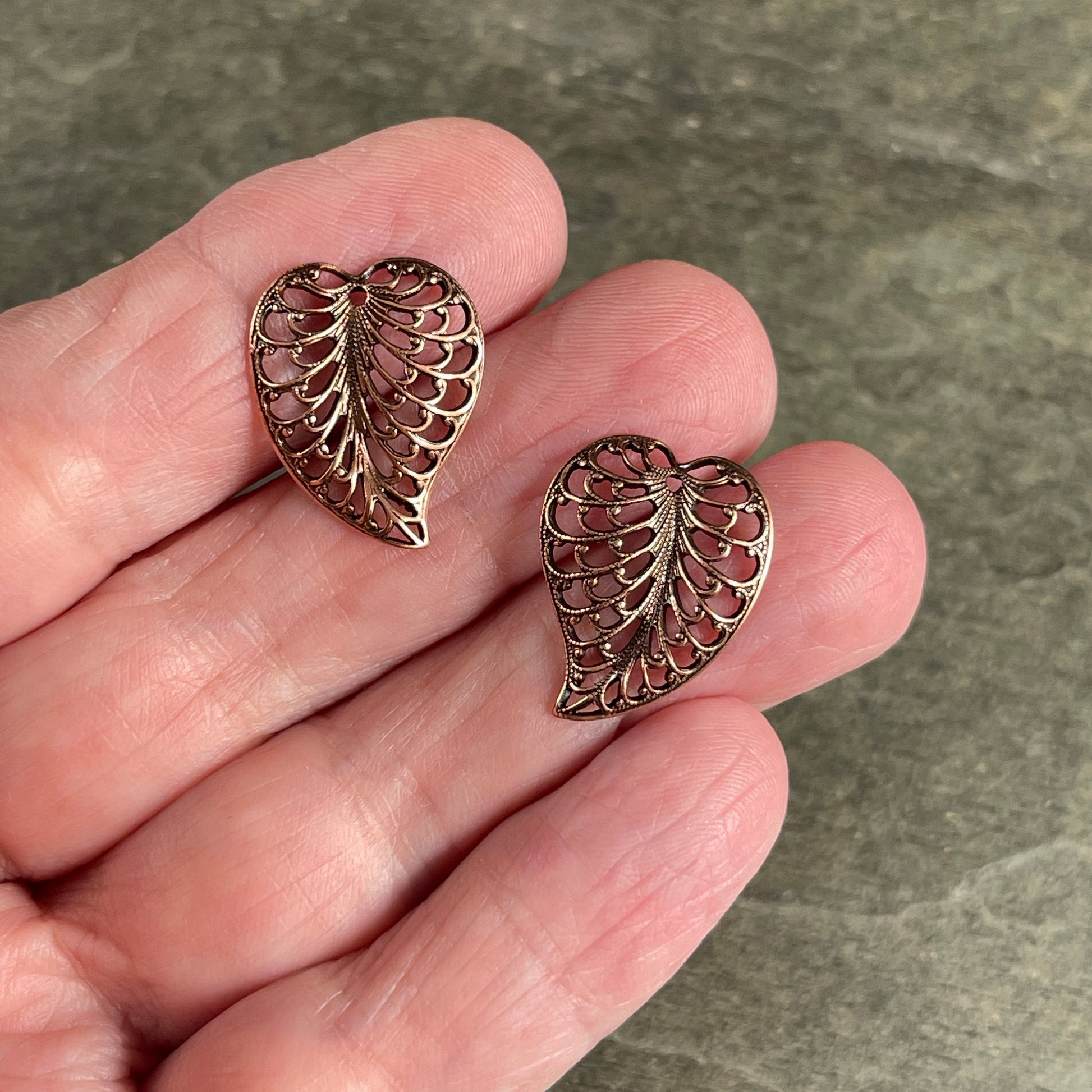 Antiqued Copper Filigree Leaf, 19x15mm Open Stamping Charms for Earrings, Delicate Heart Shaped Leaf Charms (VJS/359a) * Qty. 2