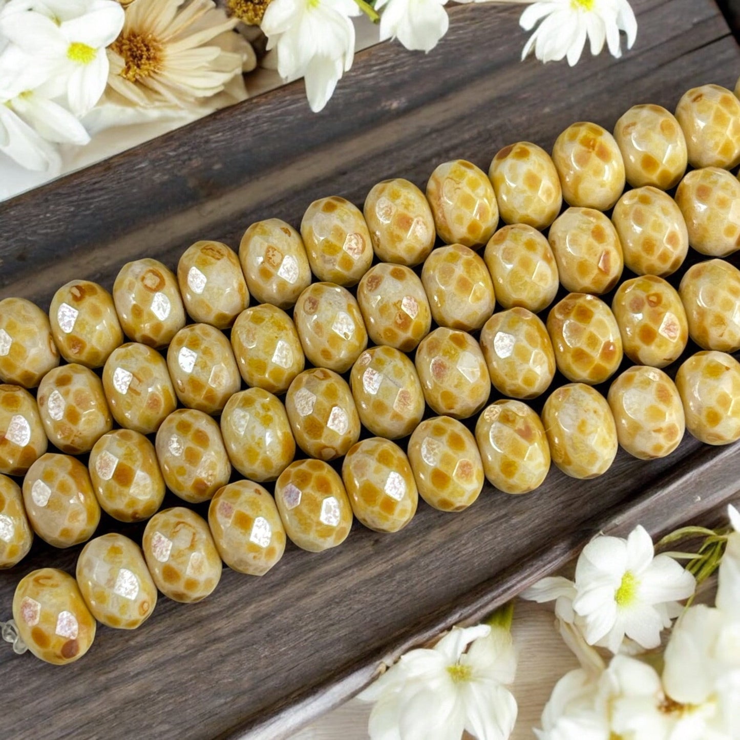 Beige Picasso Czech Glass Beads, Alabaster Beige with Travertine Picasso, 8x6mm Faceted Rondelles (Donut110) * Qty. 16