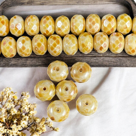 Czech Glass Beads - Beige Picasso Beads, Alabaster Beige with Travertine Picasso, 8x6mm Faceted Rondelles (Donut110) * Qty. 16