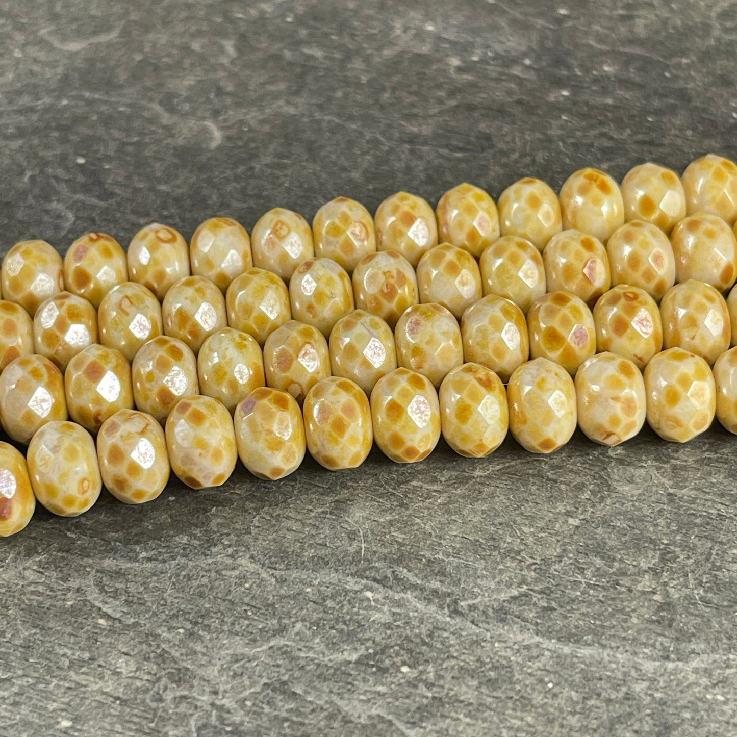 Beige Picasso Czech Glass Beads, Alabaster Beige with Travertine Picasso, 8x6mm Faceted Rondelles (Donut110) * Qty. 16