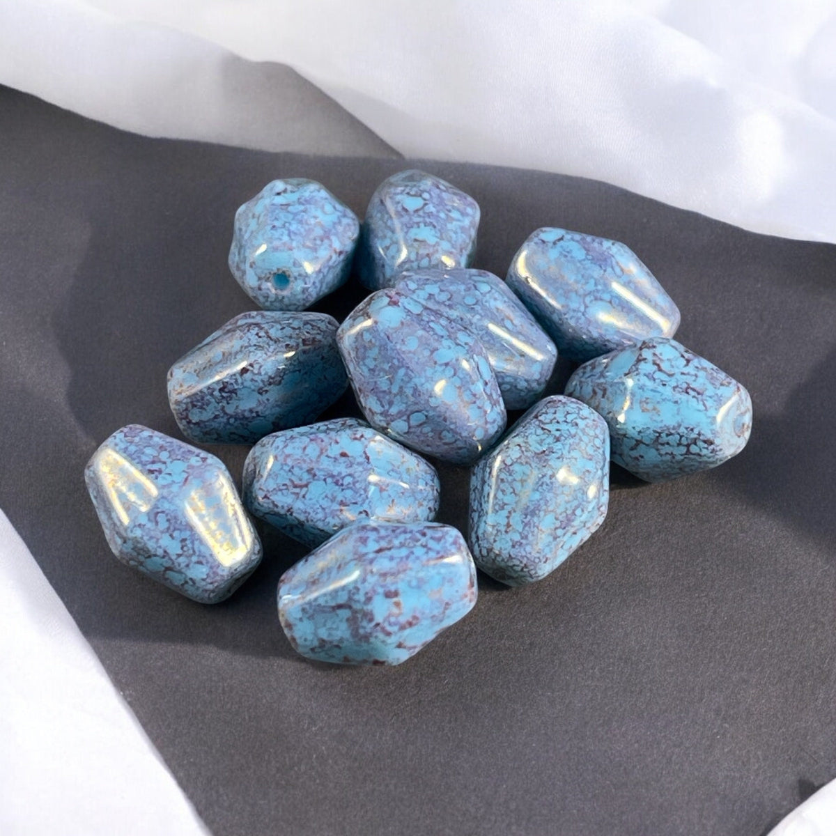 Czech Glass Beads - 10x8mm Bicone Beads, Turquoise Blue with Marbled Tera Cota Finish, Purplish-Blue Oval Beads (OCB/BIC7) * Qty. 15