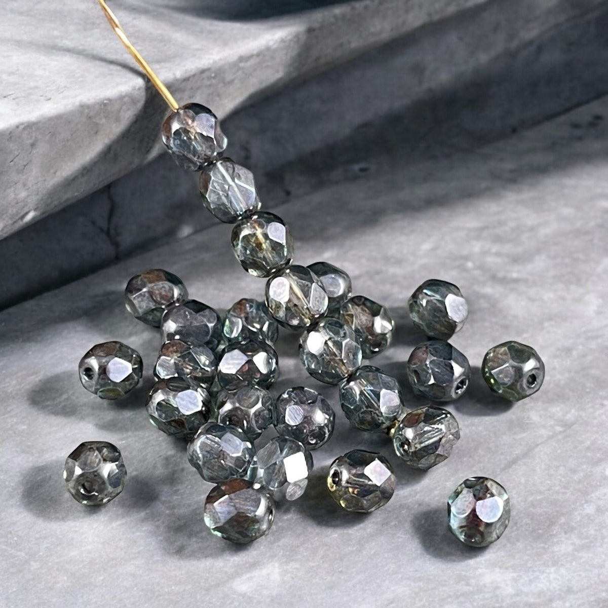 Czech Glass Beads - 6mm Faceted Round Beads, Gray Green Luster (FP6/SM-65431) * Qty. 50