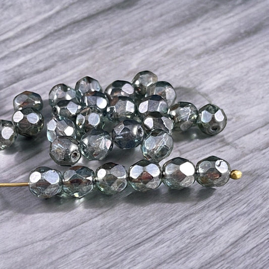Czech Glass Beads - 6mm Faceted Round Beads, Gray Green Luster (FP6/SM-65431) * Qty. 50