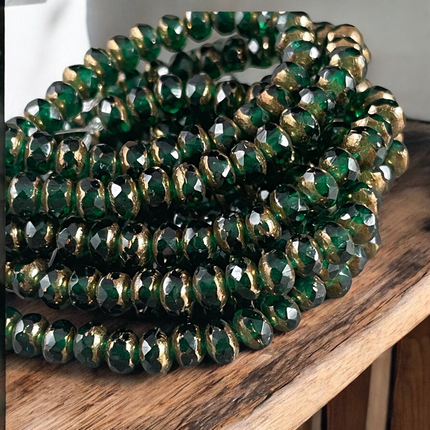 5x3mm Emerald Green Czech Glass Faceted Rondelle Beads, Emerald Green Glass with Bronze Picasso (R5/0416) * Qty. 30