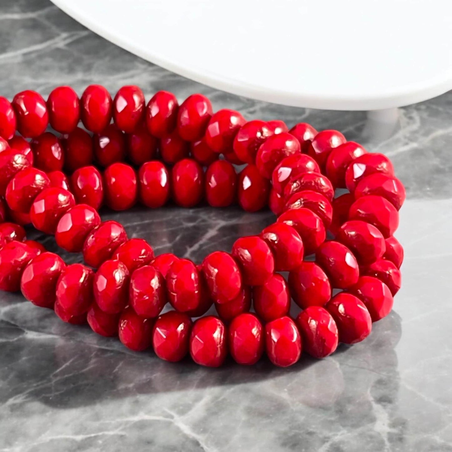Czech Glass Beads - 5x3mm Faceted Rondelle, Opaque Bright Red Glass with Bronze Picasso (R5/N-0147) * Qty. 30