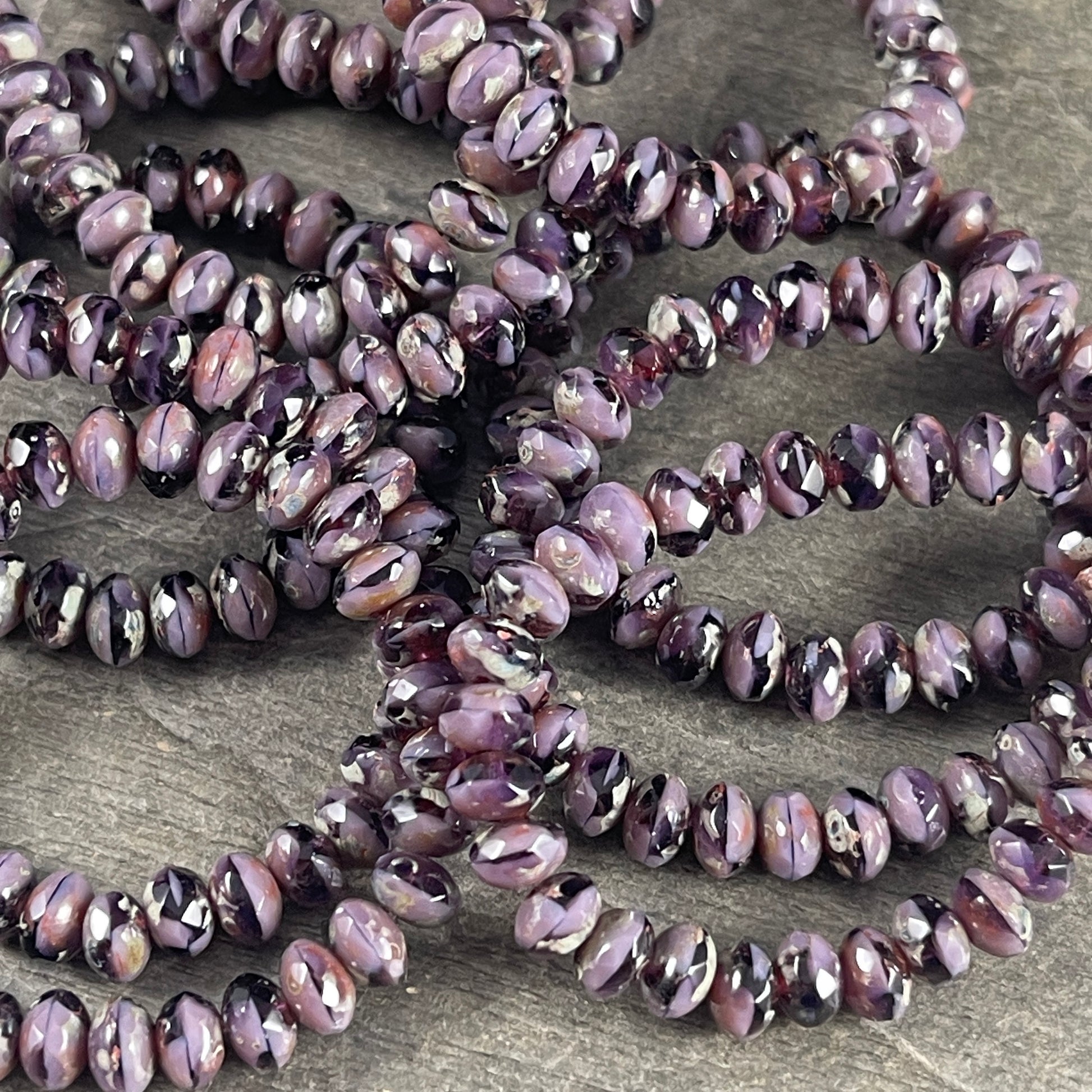 Purple Czech Glass Beads, 5x3mm Faceted Rondelles, Two-tone Purple with Rustic Picasso (R5/N-1358v2) * Qty. 30