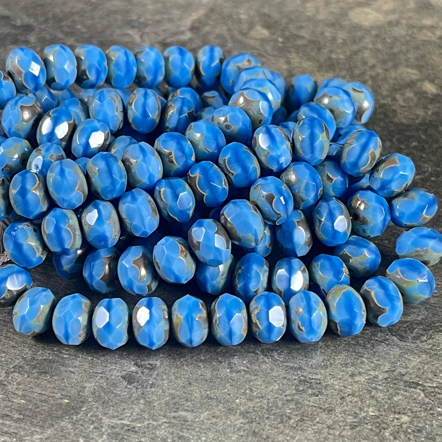 Cornflower Blue Rondelles, 8x6mm Czech Glass Beads - Medium Blue Picasso Beads (R8/N-0570) * Qty. 25