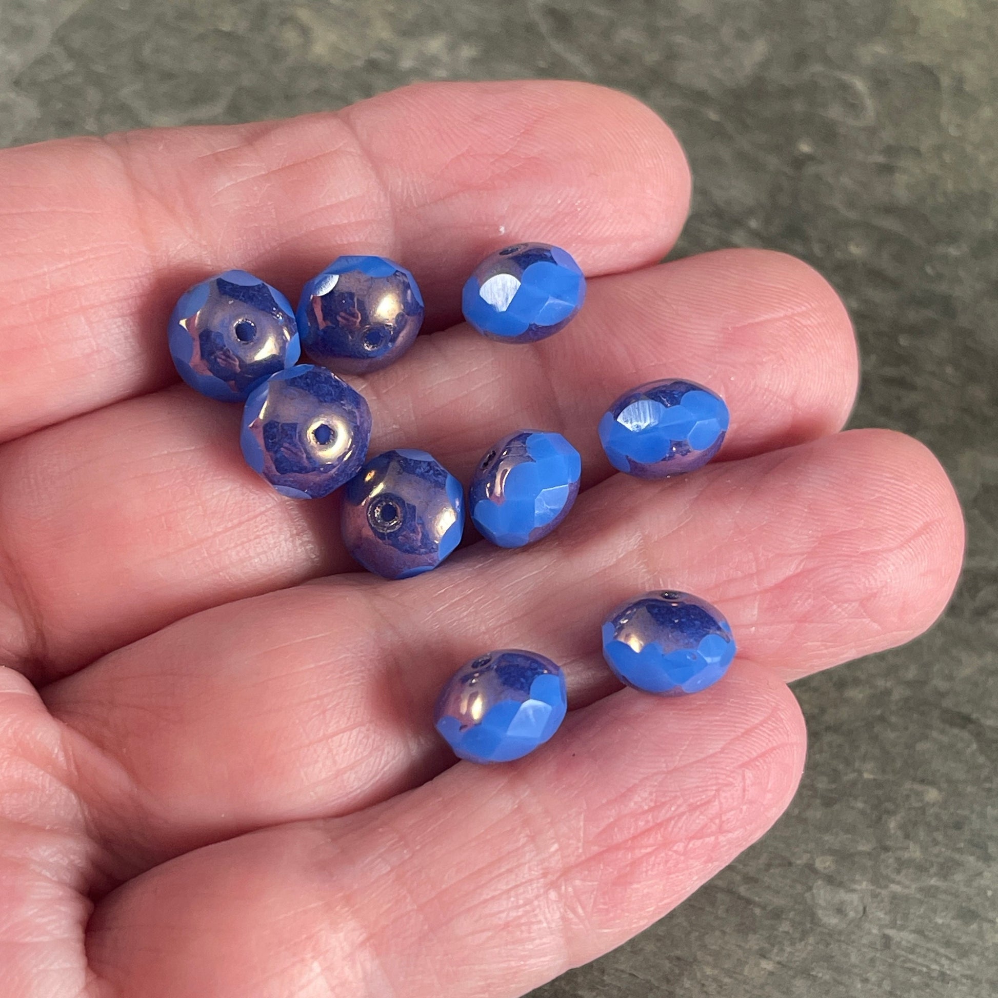 Dark Cornflower Blue Opaline Rondelles, 8x6mm Czech Glass Beads, Blue Glass with Bronze Picasso (R8/N-0950) * Qty. 25