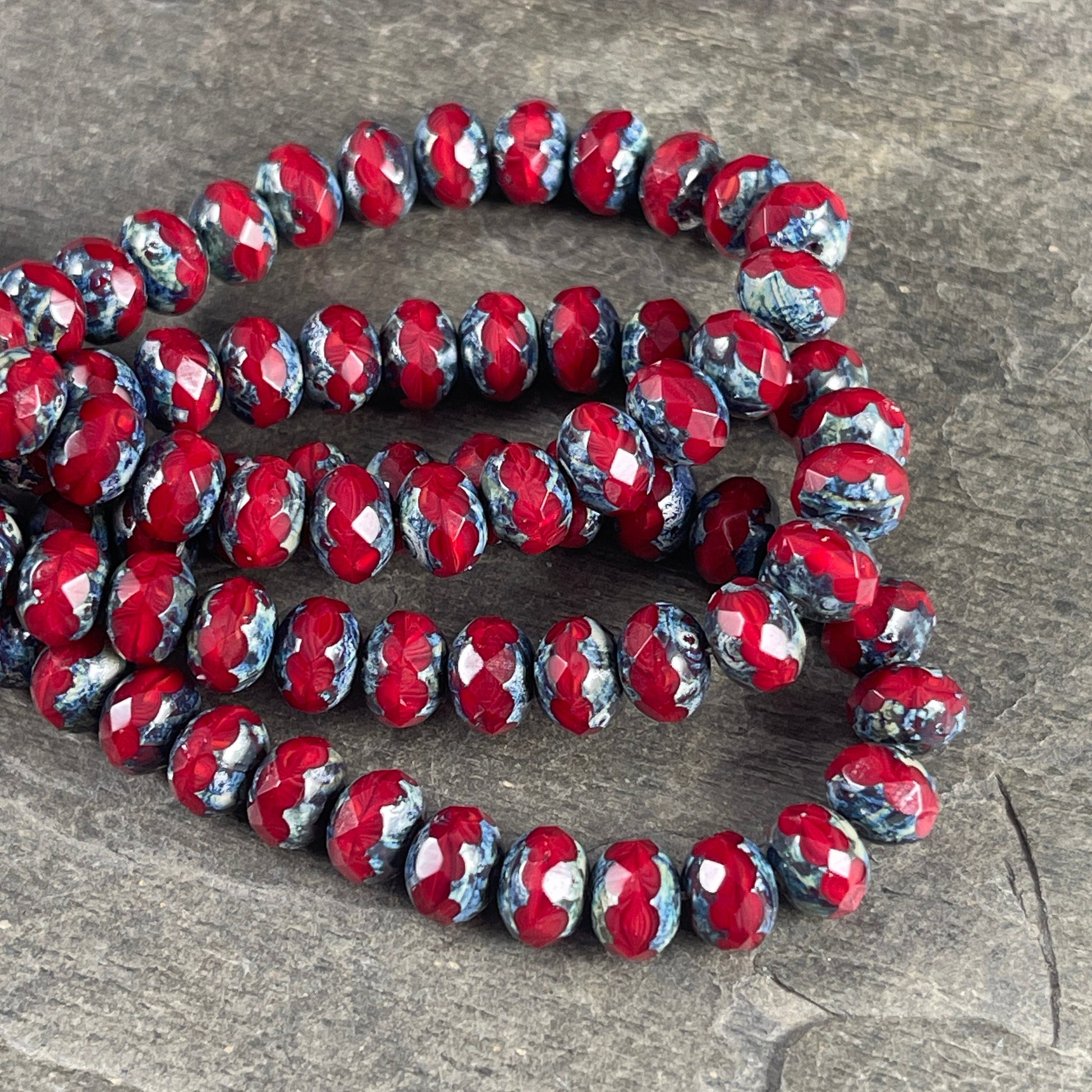 Cranberry Red Silk Picasso Beads, 7x5mm Czech Glass Rondelle, Red Opaline with Travertine Picasso (R7/N-0999) * Qty. 25