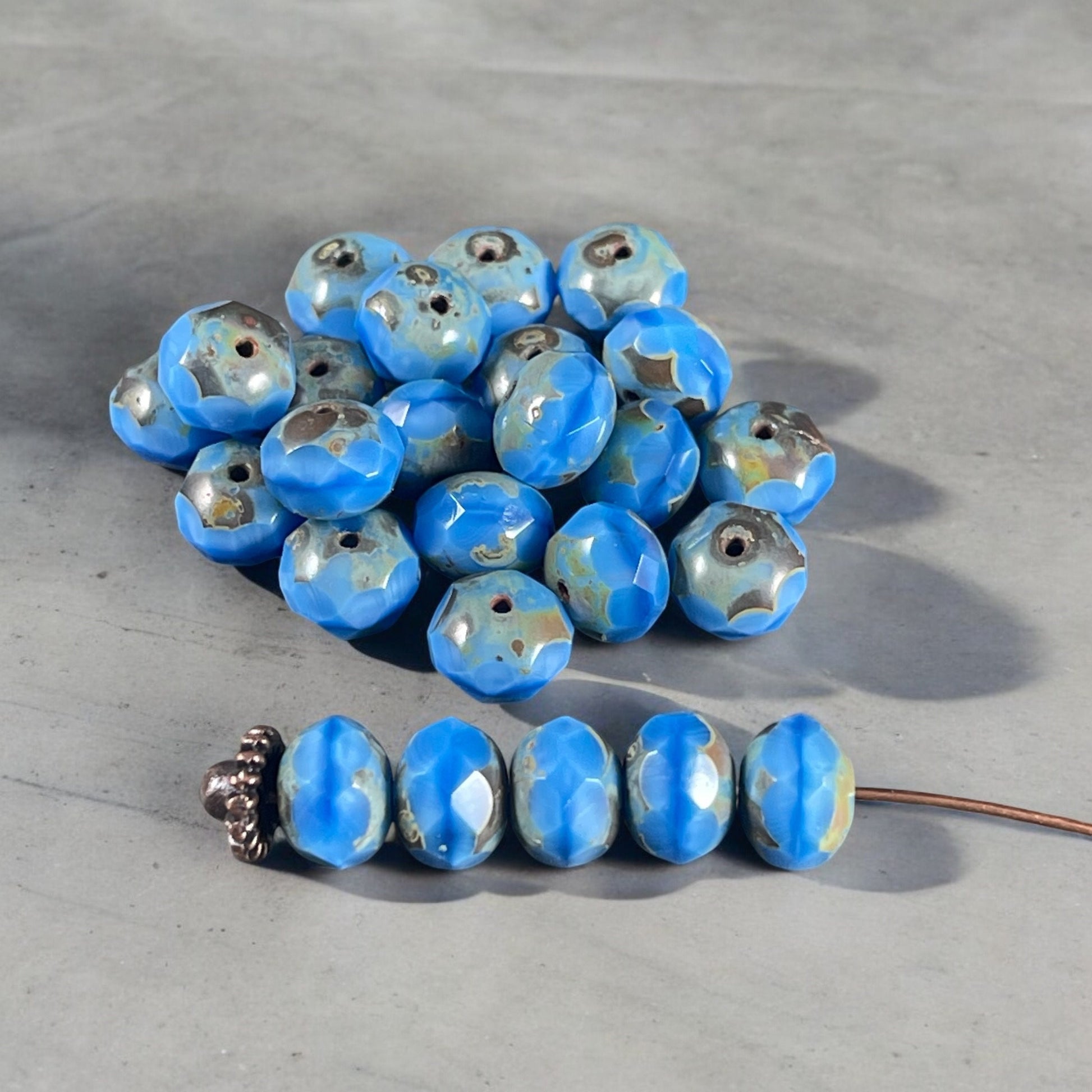 Cornflower Blue Rondelles, 8x6mm Czech Glass Beads - Medium Blue Picasso Beads (R8/N-0570) * Qty. 25