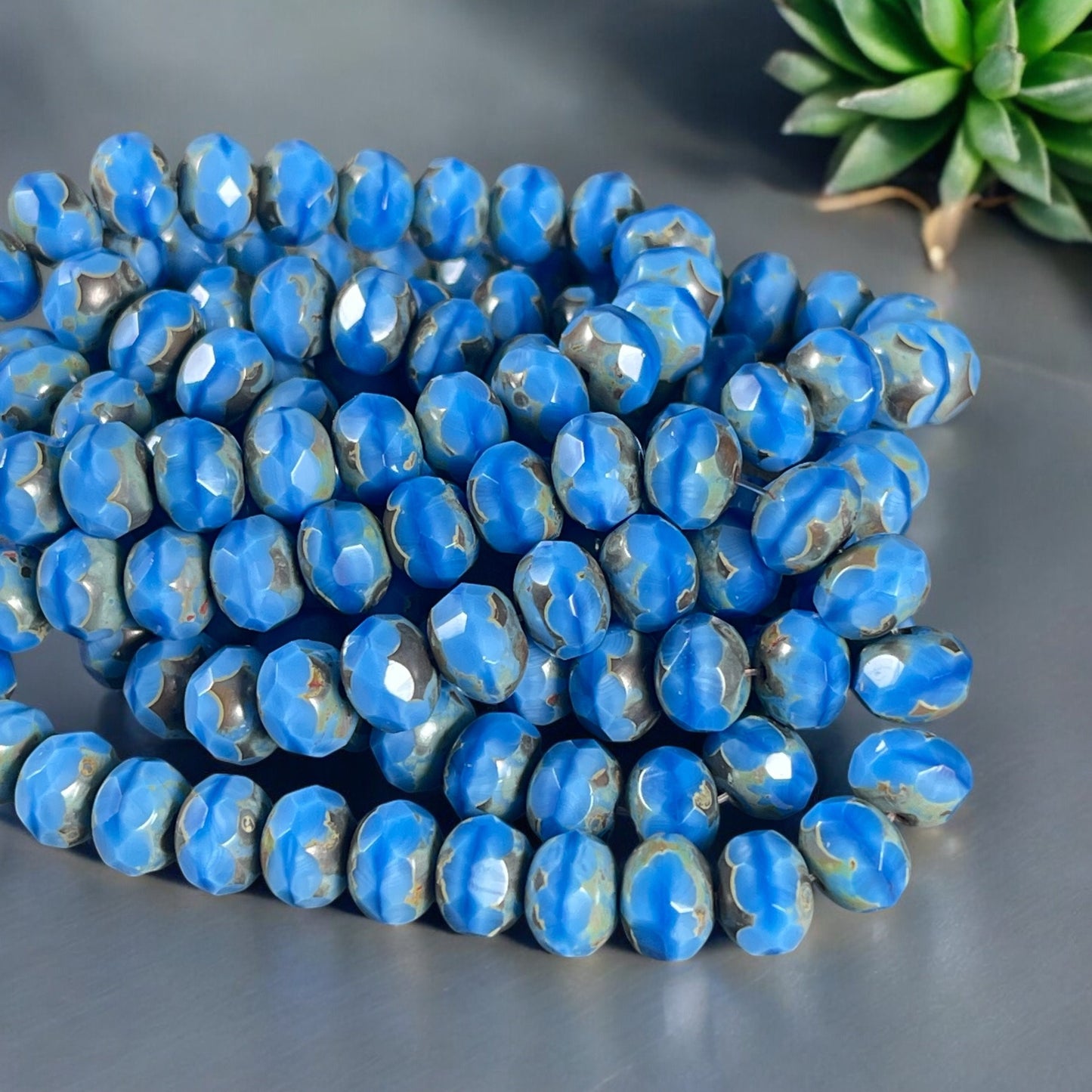 Cornflower Blue Rondelles, 8x6mm Czech Glass Beads - Medium Blue Picasso Beads (R8/N-0570) * Qty. 25