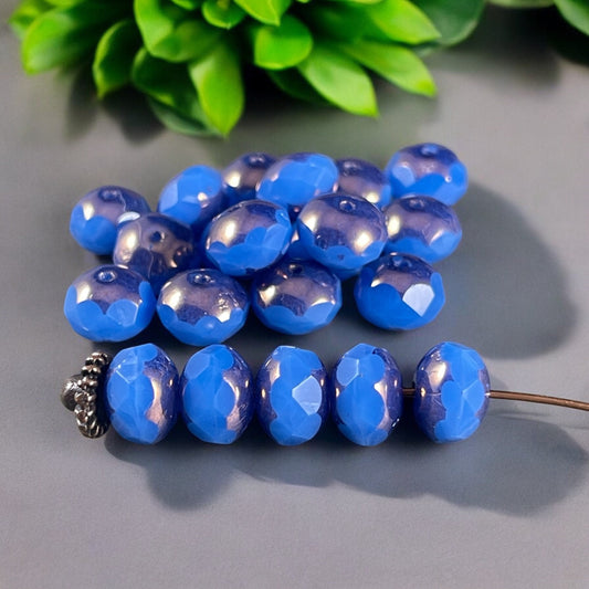 Dark Cornflower Blue Opaline Rondelles, 8x6mm Czech Glass Beads, Blue Glass with Bronze Picasso (R8/N-0950) * Qty. 25