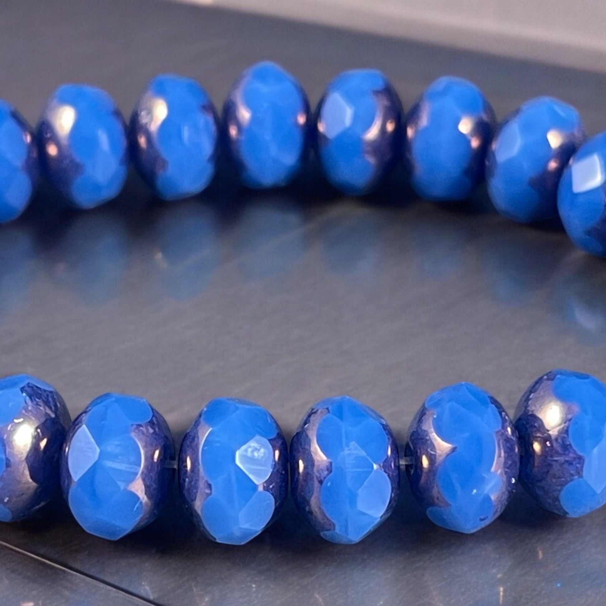 Dark Cornflower Blue Opaline Rondelles, 8x6mm Czech Glass Beads, Blue Glass with Bronze Picasso (R8/N-0950) * Qty. 25