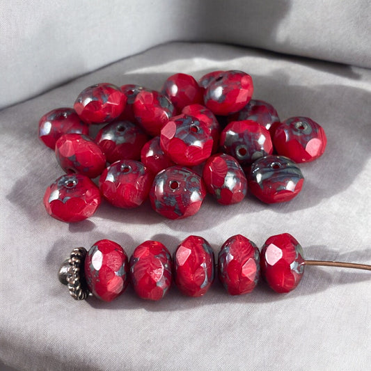 Cherry Red Rondelles, 8x6mm Czech Glass Beads, Opaque Red Opaline with Travertine Picasso (R8/N-0612) * Qty. 25